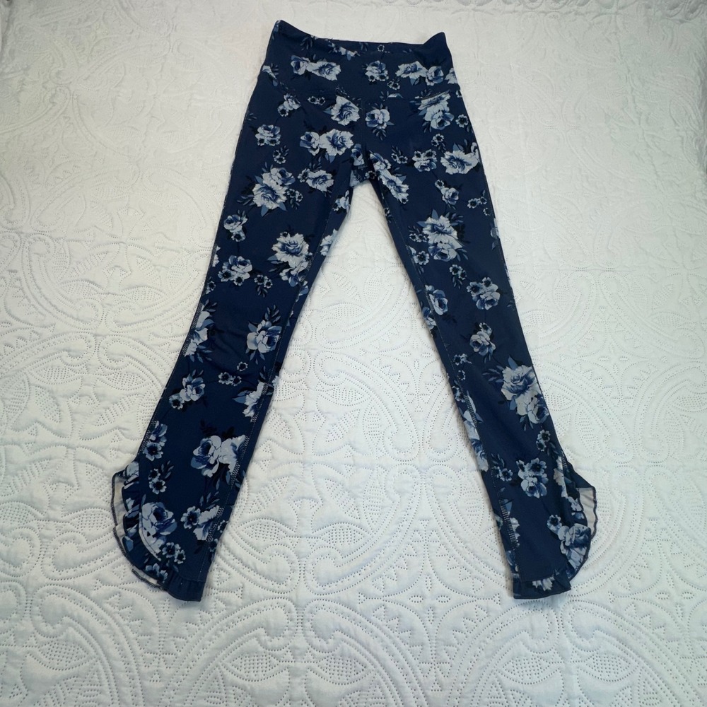 Kate Spade New York Floral Ruffle Hem Leggings Navy Blue Rose Print Small